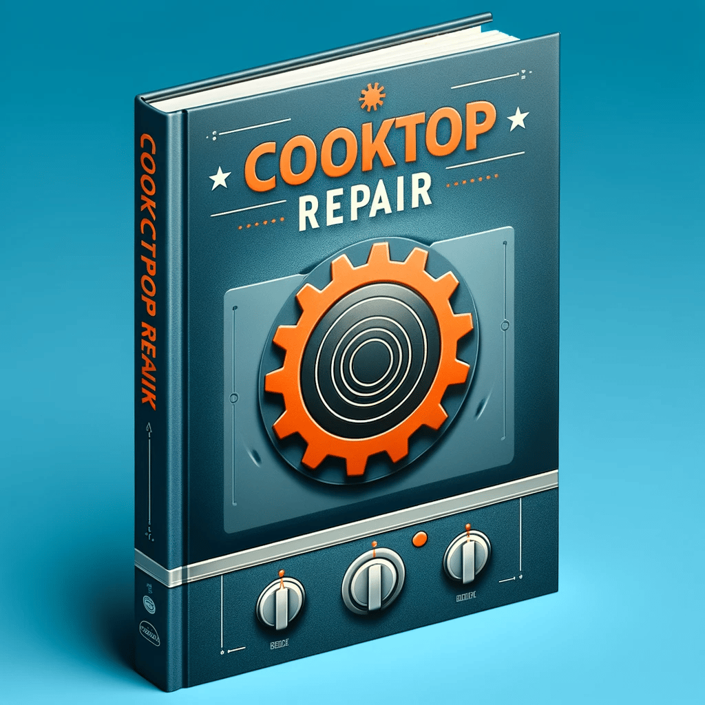 An image of a cooktop repair guide book with an orange cog on the cover and a blue background. The book appears professional and informative, intended for those looking to learn about electric cooktop repairs. The design is sleek and modern, appealing to a wide audience interested in appliance maintenance and repair.