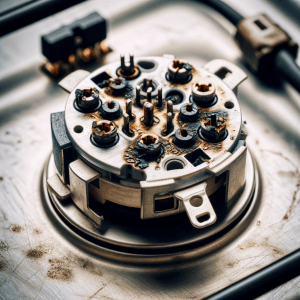 A detailed image of a damaged element receptacle on an electric cooktop, showing visible signs of wear and tear such as burnt or damaged contacts. The focus is on the receptacle to emphasize the need for repair or replacement. This image is suitable for an article discussing electric cooktop issues, particularly focusing on damaged element receptacles.