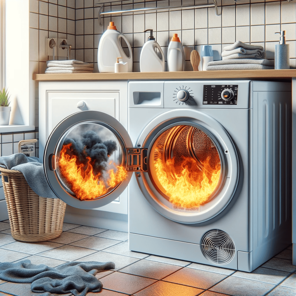 A realistic illustration of a domestic clothes dryer with visible flames and smoke coming out of it, placed in a home laundry room setting. The dryer is white, front-loading, and situated next to a washing machine. The room is well-lit, with tiled flooring, a small window, and laundry-related items scattered around, like a laundry basket and detergent bottles. The fire should look contained within the dryer, emphasizing safety and not spreading to the surroundings.