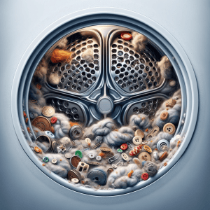 A realistic depiction of the interior of a dryer drum overloaded with lint and small objects. The image should show a significant amount of lint accumulated inside the dryer, along with common small items like coins, buttons, and paper clips that often get trapped in dryers. This scene should emphasize the need for regular cleaning and maintenance of dryers to prevent such build-up, highlighting a common household maintenance issue in a clear and detailed manner.