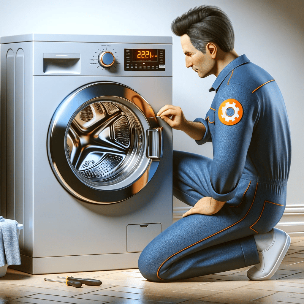 An image depicting a washing machine and a technician fixing it. The washing machine is modern, with a sleek design and digital control panel. The technician, a middle-aged man of Asian descent, is kneeling beside the washing machine. He wears a blue jumper suit with a distinct orange cog emblem on it, symbolizing his expertise in appliance repair. In his hand is a tool, perhaps a screwdriver, as he works on an open component of the washing machine. The setting suggests a home environment, with a tiled floor and a laundry basket nearby.