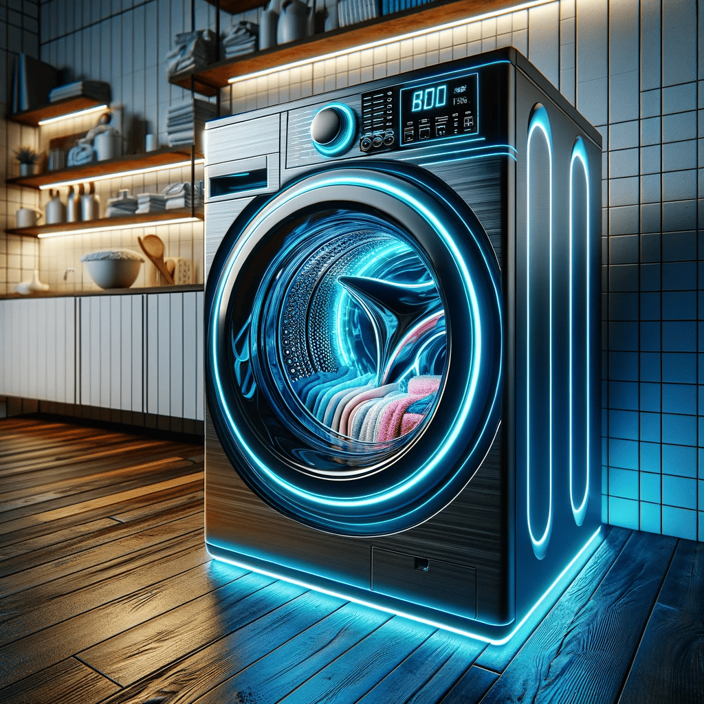 A visually striking and futuristic washing machine in a modern laundry room setting. The washer has a sleek, metallic finish with neon blue LED lights illuminating its features. Its design is cutting-edge, with a transparent circular door through which a colorful array of clothes can be seen spinning. The machine is set against a backdrop of clean, white tiles and wooden flooring, giving it a contemporary and stylish appearance. This washing machine stands out as a centerpiece of home appliance innovation and design.