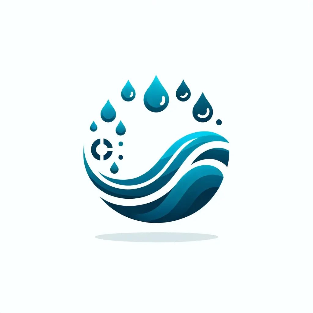 a logo design representing water cycles, with a modern and minimalist style similar to the previous clock logo. The design should depict elements of the water cycle - evaporation, condensation, and precipitation - in an abstract and artistic manner, using sleek lines and a simple color palette. The logo should convey a sense of fluidity, nature, and the continuous movement of water, suitable for a company specializing in water conservation or environmental services.